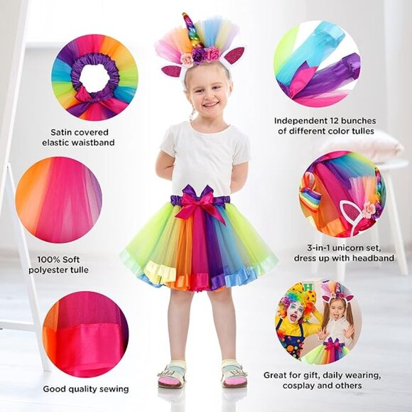 Simplicity Girls Rainbow Layered Tulle Tutu Skirt with Unicorn Headband - Picture 2 of 6